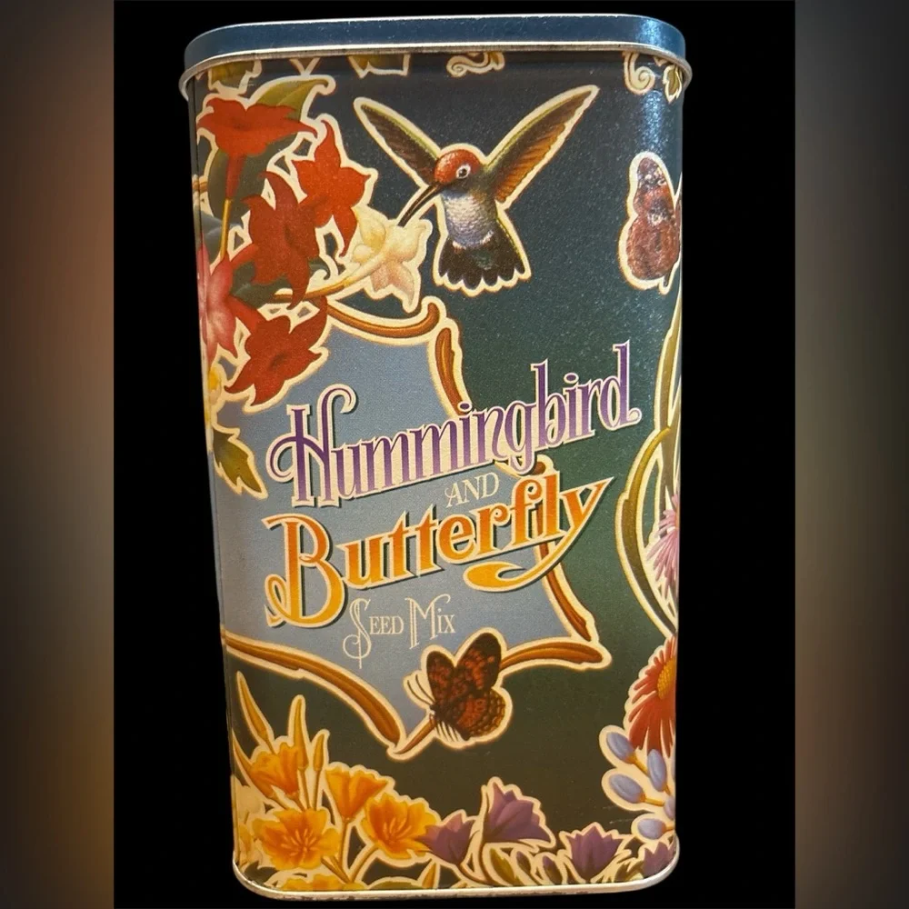 Vintage‎ Hummingbird and Butterfly Seed Mix Tin Container 6.75”x3”x4” EUC